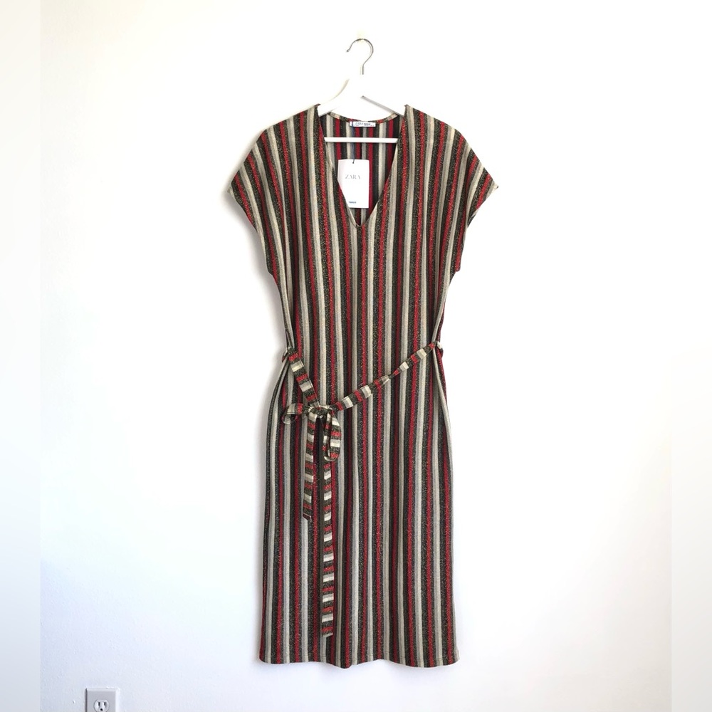 NWT Zara Red / Black / Gold Metallic Lurex Stripe Midi Dress Size Medium